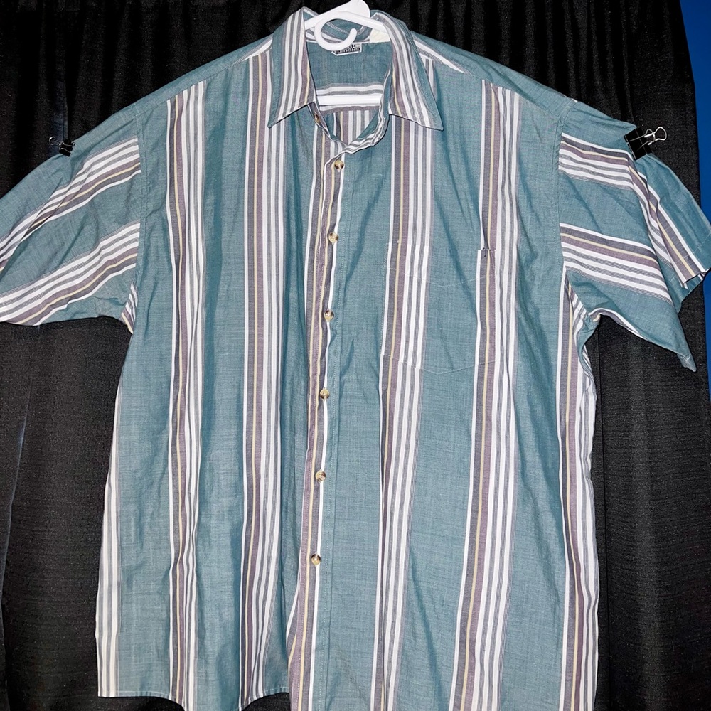 Basic Editions, vintage green striped button up shirt, men’s 2XL.